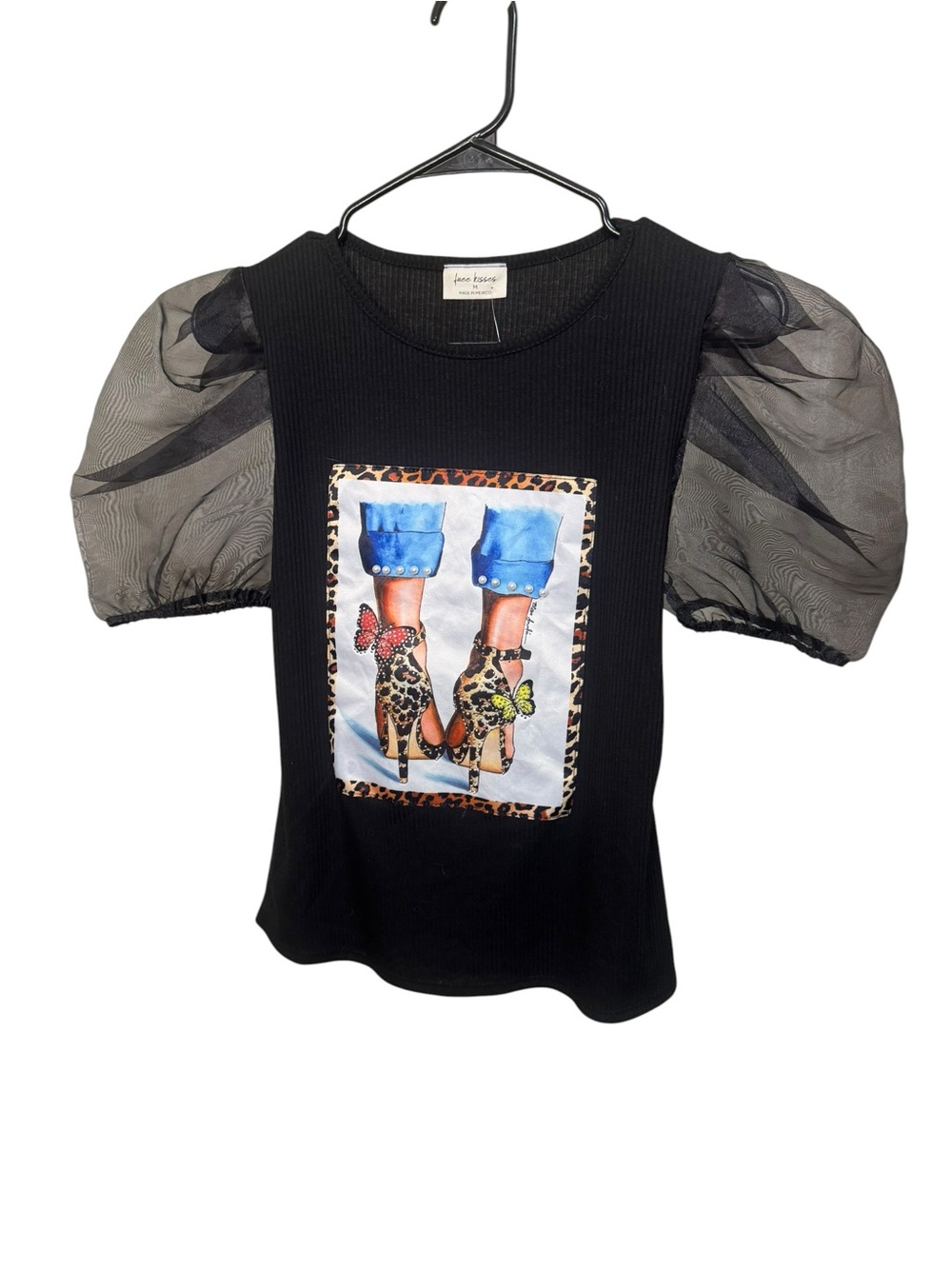 Free Kisses Black Puff Sleeve Graphic Tee with Leopard Heels